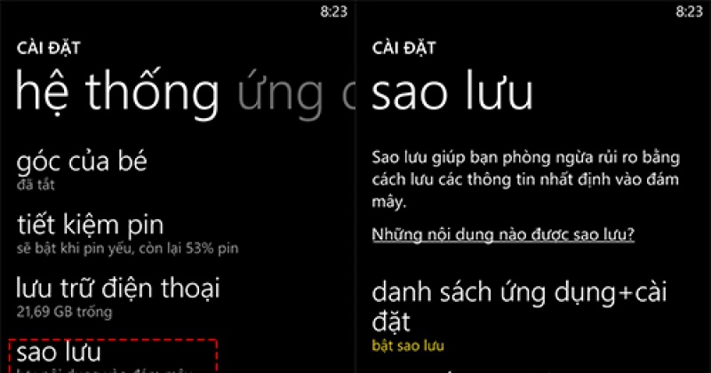 Sao lưu và khôi phục dữ liệu trên thiết bị Windows Phone 8