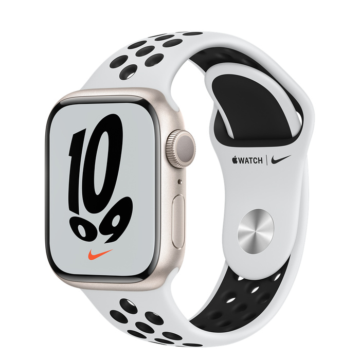 Apple Watch Series 7 GPS 45mm Starlight Aluminium Case with Pure Platinum/Black Nike Sport Band MKNA3